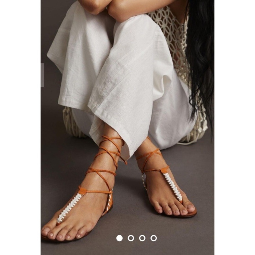 Anthropologie Tie Up Thong Sandals Orange & White Braided Leather Tan 39 New